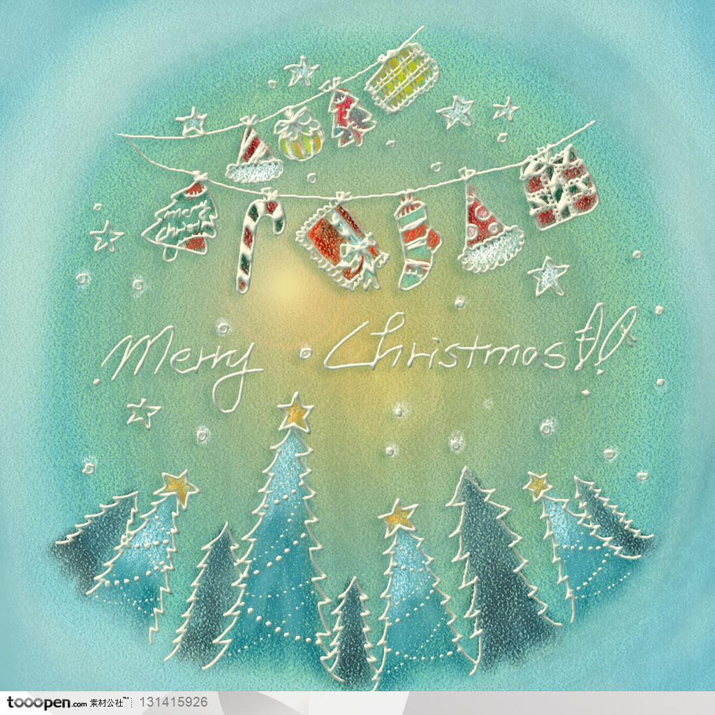 手绘卡通素材-手绘圣诞节宣传画-手绘蓝色背景上的圣诞礼物和圣诞树