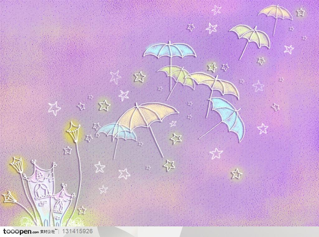 手绘卡通素材-手绘紫色背景上的彩色卡通雨伞