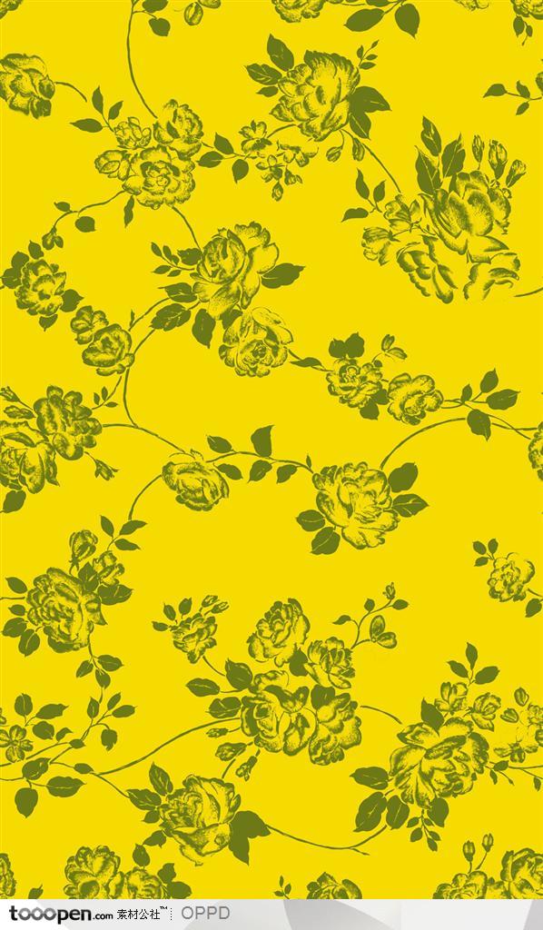 古典背景花纹-绿色花卉水彩肌理花卉纹样花纹黄色背景底纹
