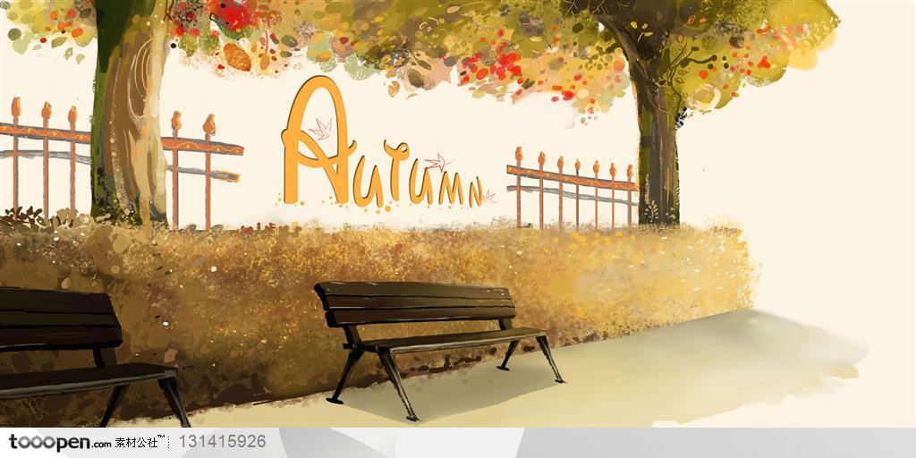 手绘自然风景画-手绘秋天公园里的长椅