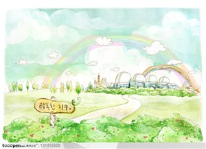 手绘自然风景画-手绘彩虹下的卡通城镇