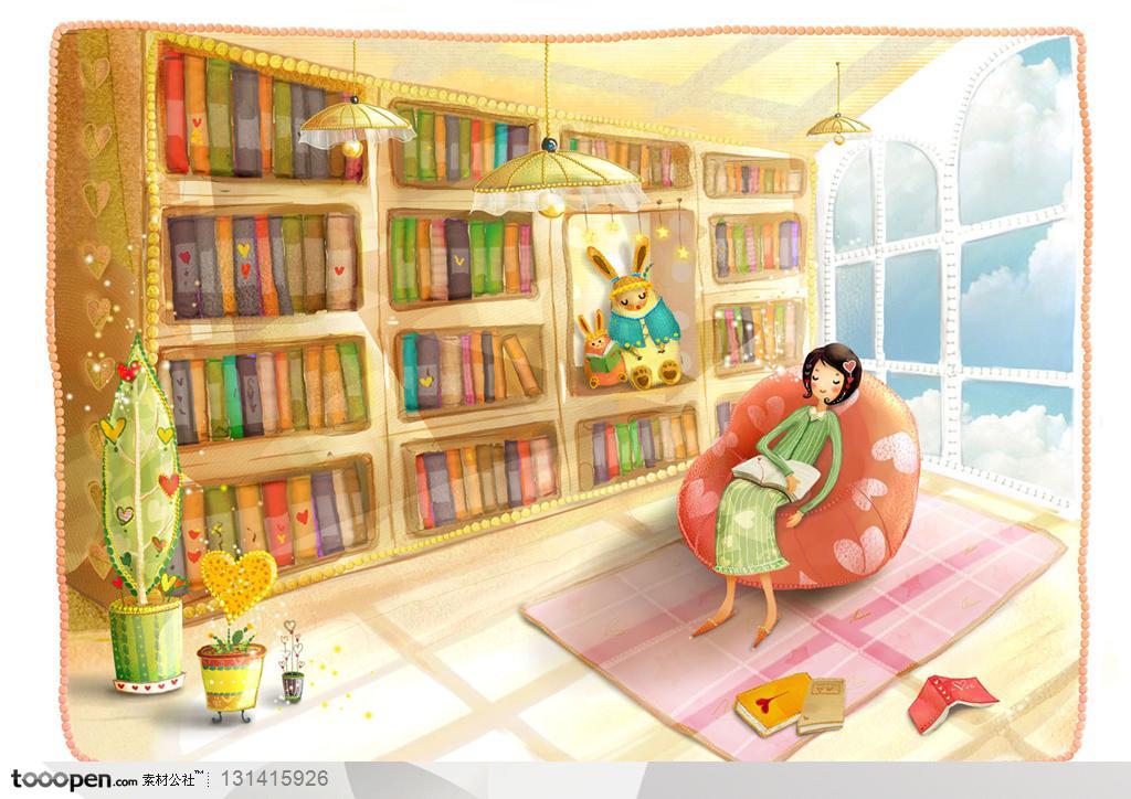 手绘卡通素材-手绘坐在书房里晒太阳的女孩