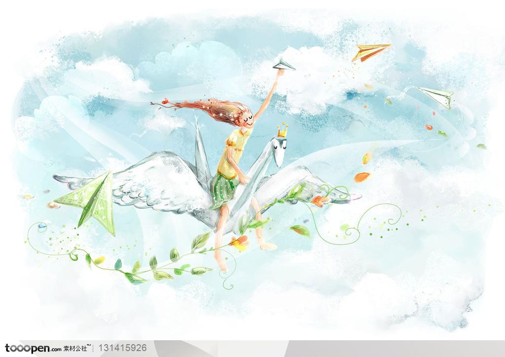 手绘卡通素材-欧式梦幻插画风格-手绘坐在千纸鹤上的少年