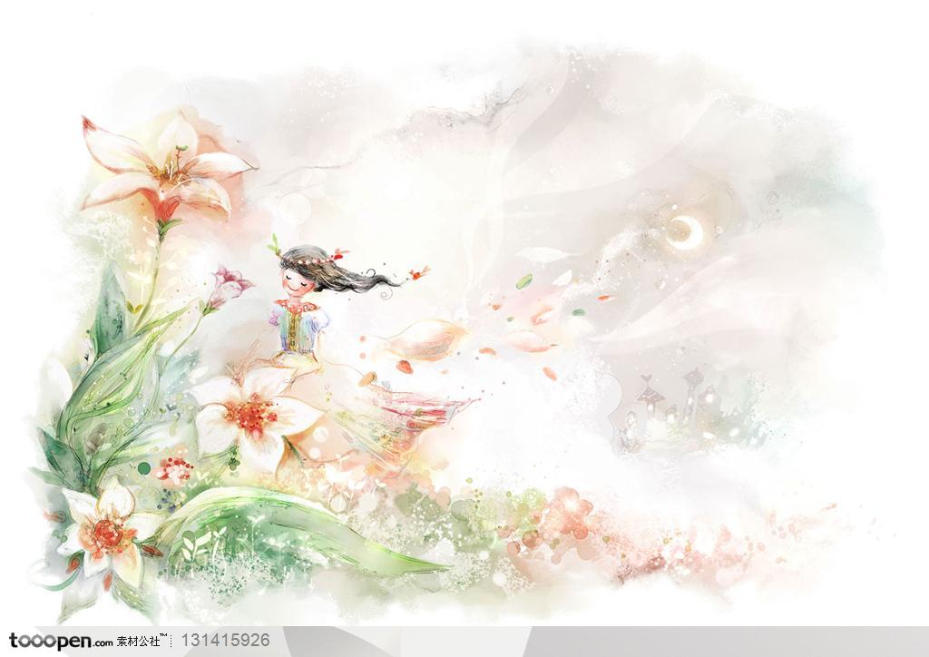 手绘卡通素材-欧式梦幻插画风格-手绘花朵中间的花仙子