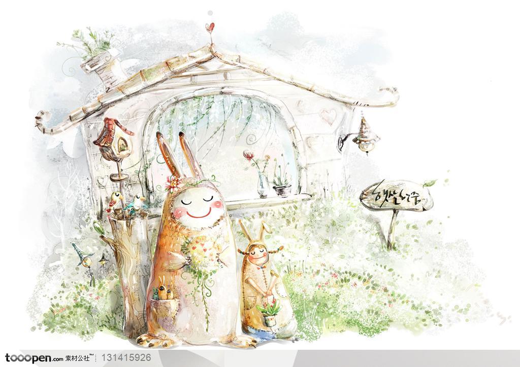 手绘卡通素材-欧式梦幻插画风格-手绘站在小房子前面的兔子