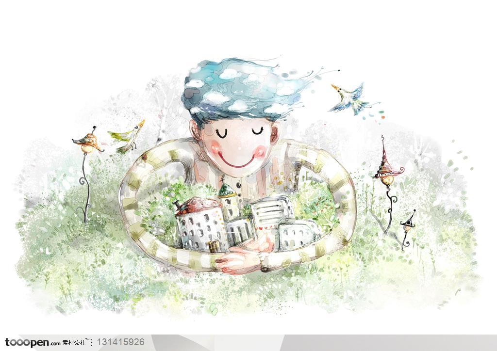 手绘卡通素材-欧式梦幻插画风格-手绘用手抱住城市的小男孩