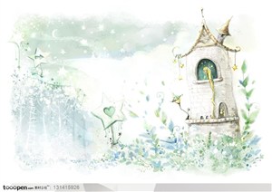 手绘卡通素材-欧式梦幻插画风格-手绘城堡里的长发公主