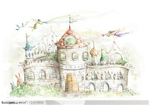 手绘卡通素材-欧式梦幻插画风格-手绘在城堡上空庆祝的人们