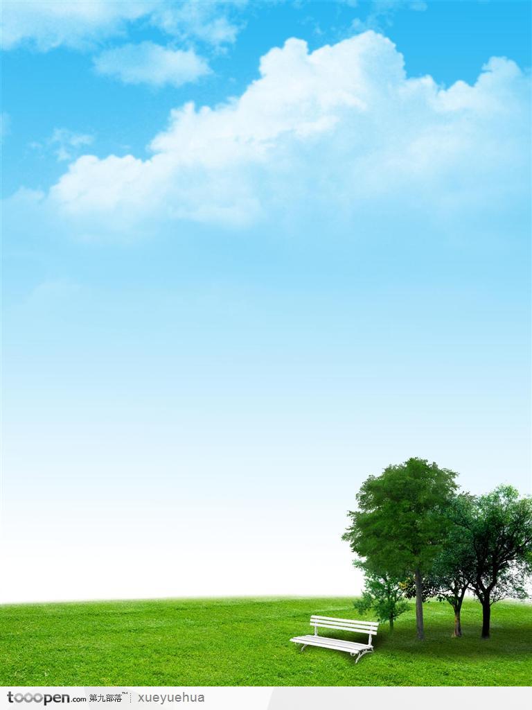 蓝天 白云 草地 绿树 展板背景
