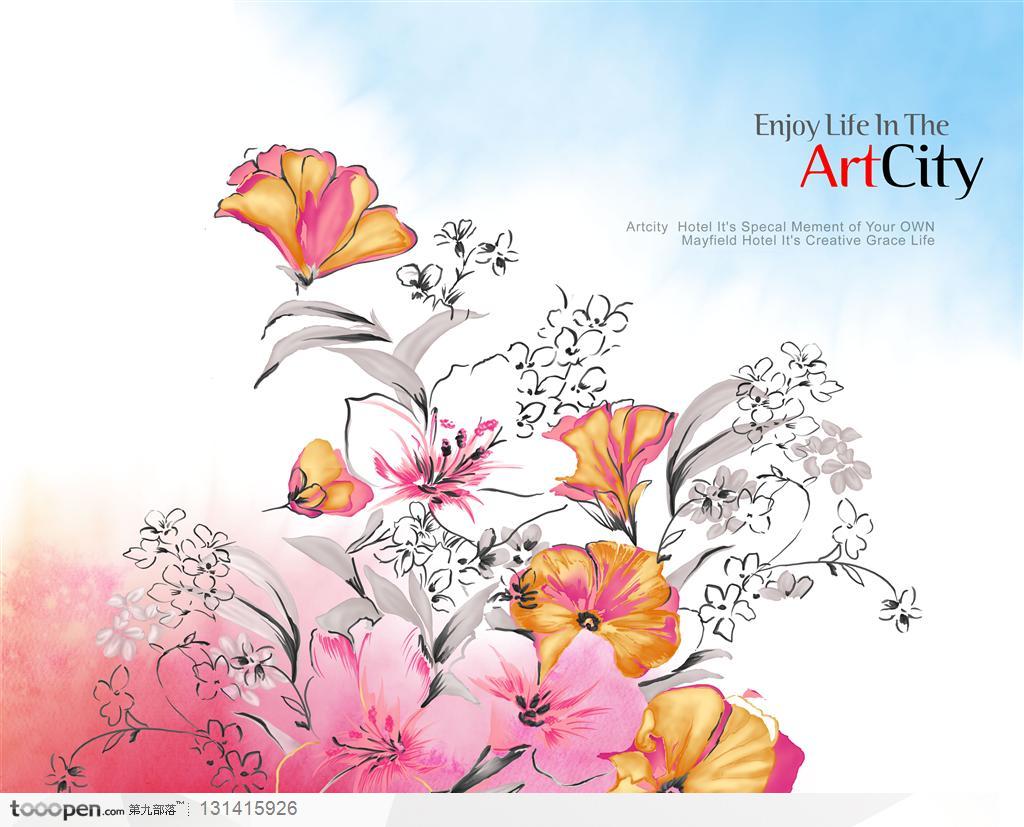 渲染背景上的小花花卉手绘水彩纹样