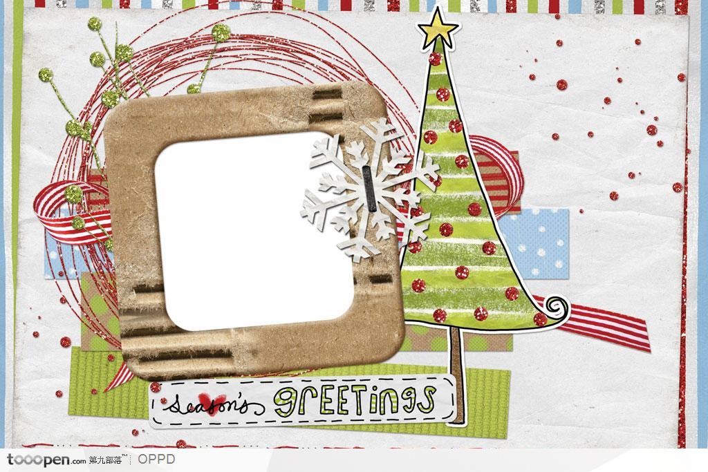 红绿蓝三色条纹边框卡通圣诞树与剪纸雪花装饰相片相框模板