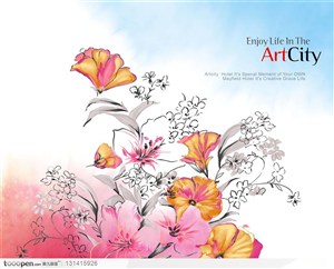 渲染背景上的小花花卉手绘水彩纹样