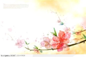 韩国彩绘黄色晕染背景上的红色桃花树枝