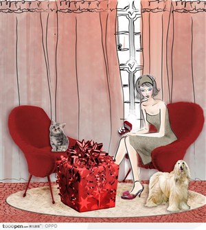红色水彩效果窗帘与沙发上坐着水彩效果美女和写实效果礼品盒动物