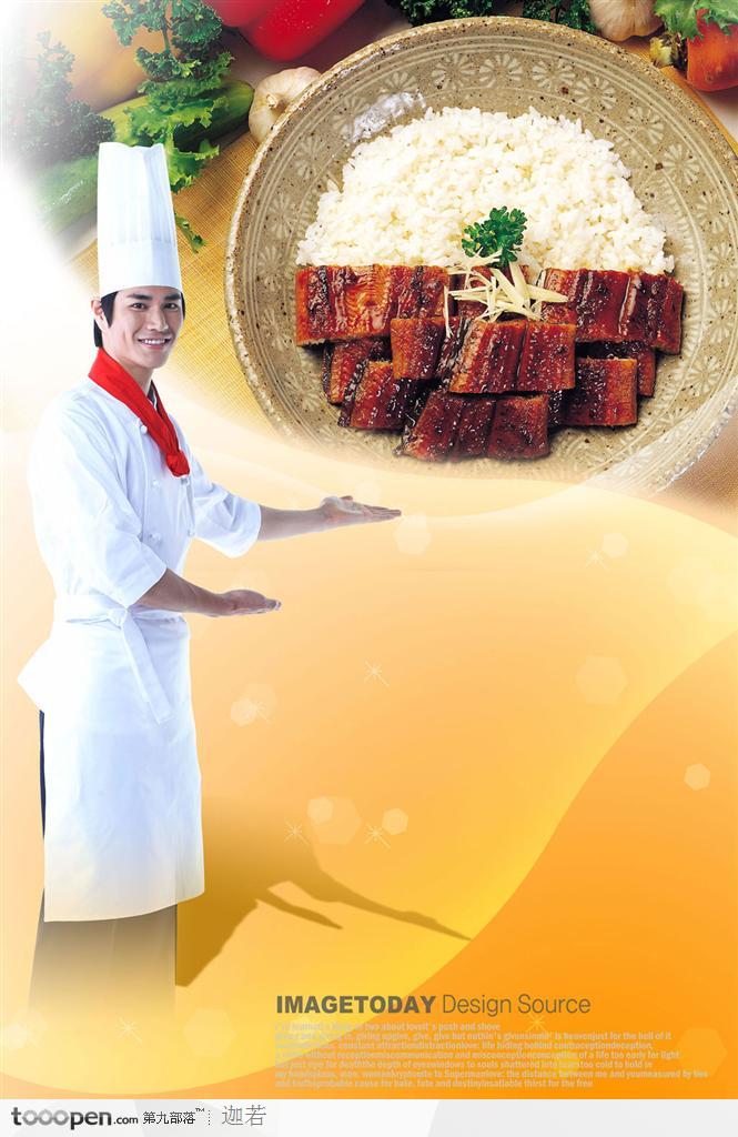 餐饮美食-身穿白色衣服戴着厨师帽的男厨师和摆放在盘子里的美食