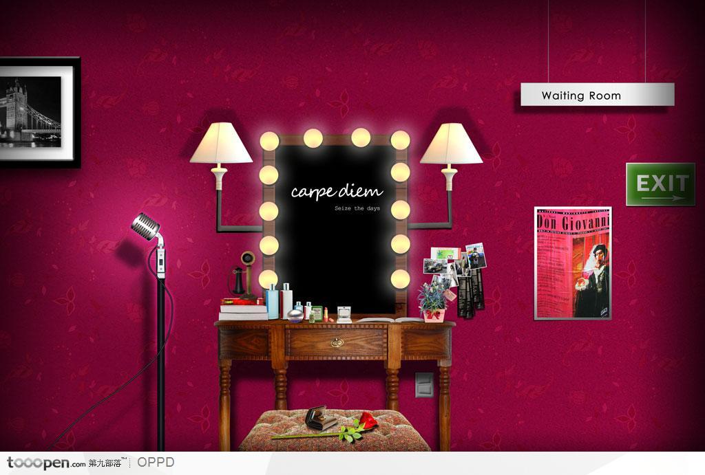 红色花纹背景壁纸明星化妆间里的明星化妆台和麦克风海报