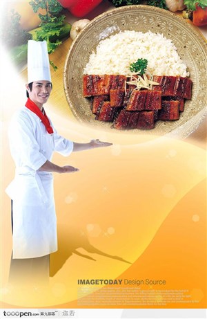 餐饮美食-身穿白色衣服戴着厨师帽的男厨师和摆放在盘子里的美食