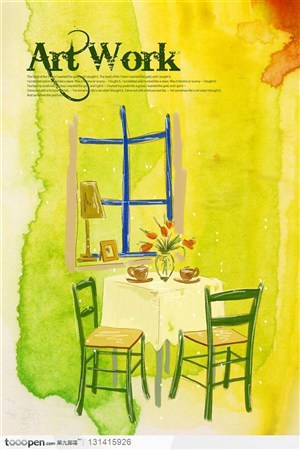 手绘浅绿色温馨窗前摆着花瓶和杯子的餐桌