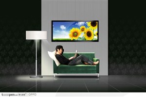 橄榄绿花纹壁纸液晶背投电视和躺在沙发上玩笔记本的男人
