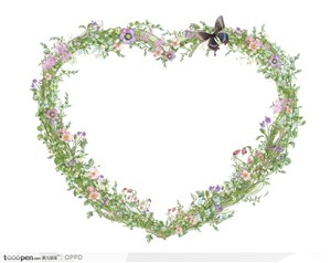蝴蝶兰藤蔓围成的心形边框和装饰花卉蝴蝶