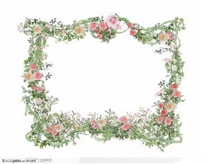 手绘粉色蔷薇玫瑰绿色藤蔓枝条装饰方形边框