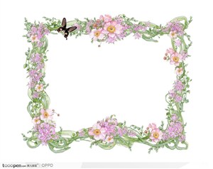 手绘粉色小花大花绿色藤蔓枝条装饰方形边框