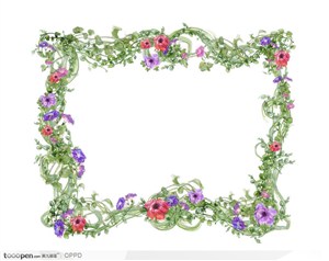 手绘紫色红色花卉绿色藤蔓装饰方形边框