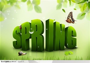 立体英文spring春天PSD分层模板----绿叶,小草,蝴蝶,瓢虫,英文春天艺术字,spring立体字母,英文spring图片