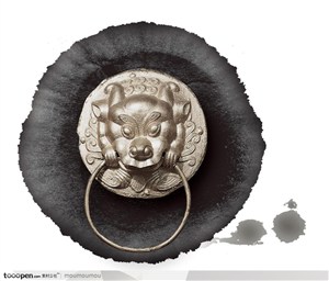 中式风格元素-金色狮子门扣水墨画