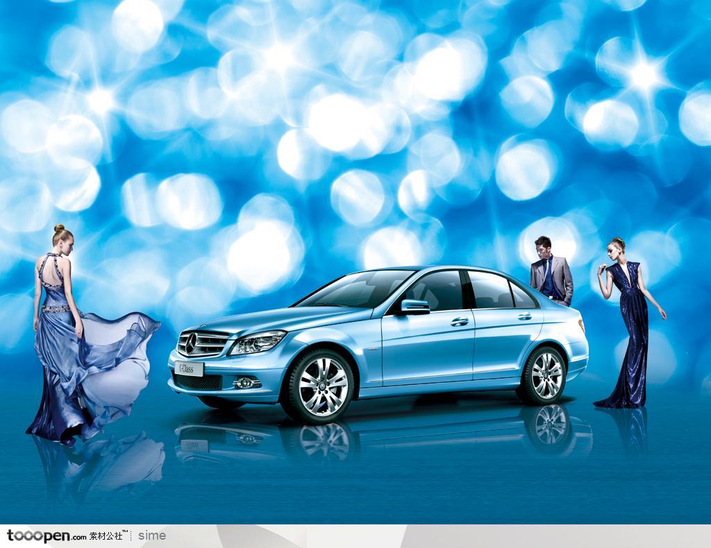 名牌汽车广告展板-奔驰蓝色高级私家车星光背景