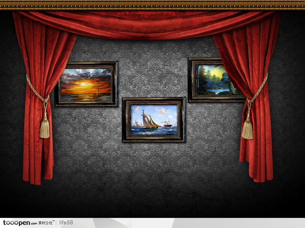 三幅欧式相框西洋画坐落在黑色花纹边框幕布沉稳大气分层素材