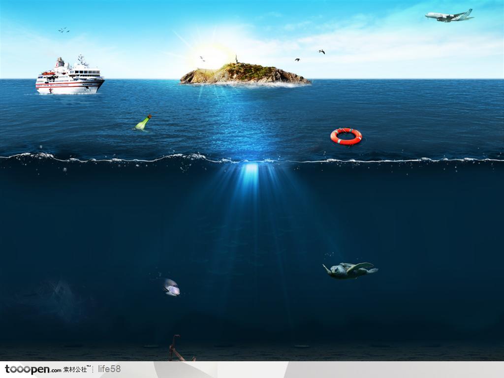 深海轮船开向小岛飞机天空飞过海鸥救生卷海底鱼儿分层素材