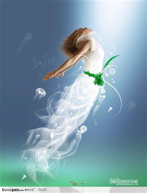 梦幻飞向天空白色衣服树藤腰带的美女模特分层广告素材