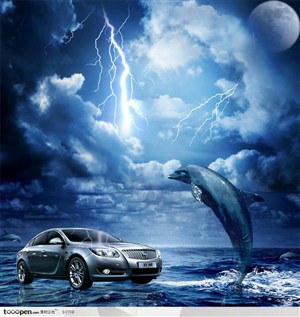 名牌汽车广告展板-别克君威银色私家车海洋海豚