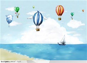 梦幻湖边手绘热气球沙滩江水船只游泳海鸥精品分层广告素材