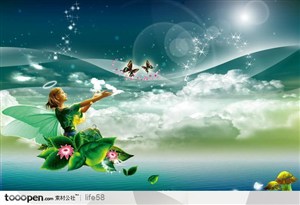 长翅膀穿绿色花纹衣服的美女坐在莲花上看向蝴蝶飞舞梦幻运动仙境分层素材