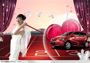 名牌汽车广告展板-时尚高级私家车婚车拉着汽车的新娘幕布