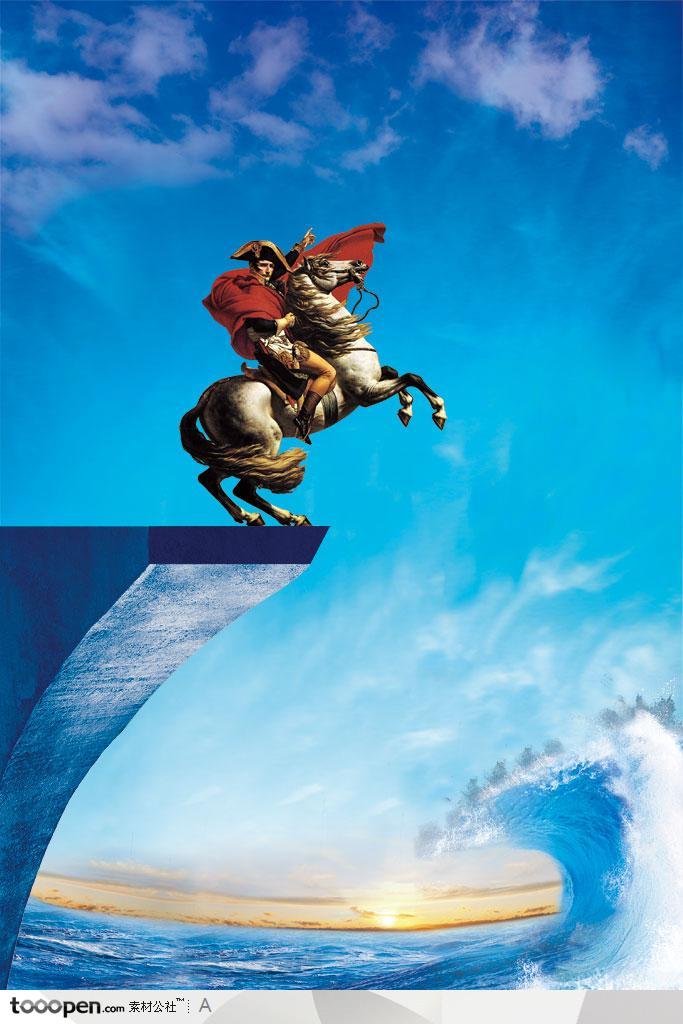 骑着骏马戴着红色披风的骑士和海面上卷起的巨浪