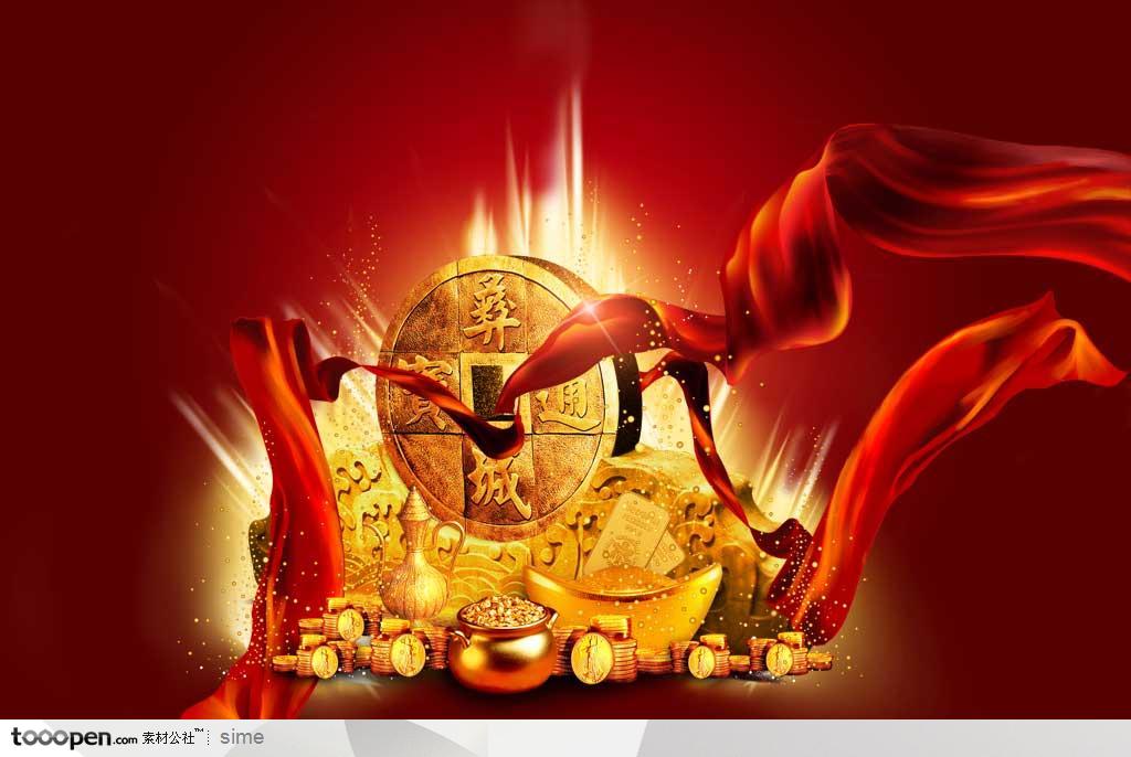中国传统元素-新年金元宝金币金条聚宝盆红绸