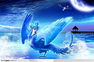 蓝色人手兽身带翅膀的手绘神话人物