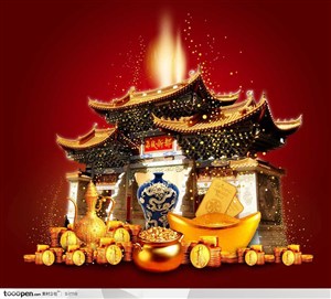 中国传统建筑元素-新年金元宝金币金条聚宝盆中式城门牌坊