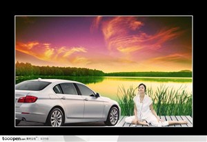 名牌汽车广告展板-夕阳晚霞天空湖边瑜伽白色私家汽车