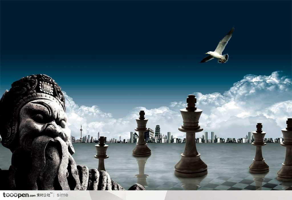 房地产广告元素-乌云云朵海鸥国际象棋城市远景石雕