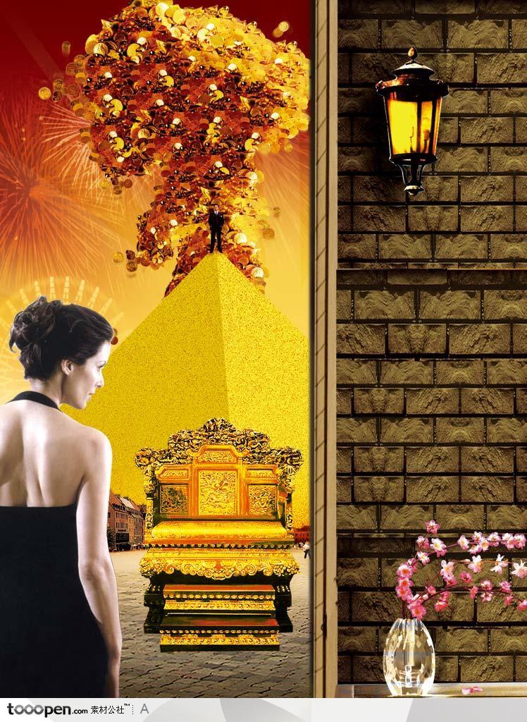 华丽的金色沙发和穿着晚礼服的美女房地产展板背景