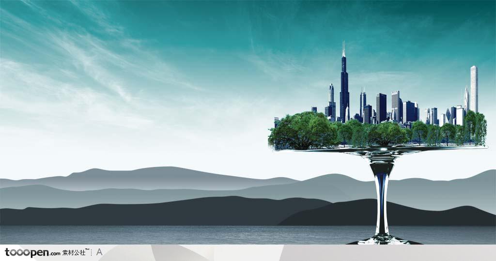 蓝色风格在玻璃托上面的现代创意城市景观设计