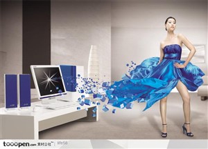 电脑桌旁的穿蓝色衣服飘荡的美女模特电子产品商场宣传海报