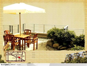 房地产广告元素-户外阳台茶几餐桌遮阳伞树木灌木地图黄鹂