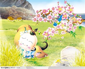 桂林恭城桃花节元素-卡通放牛娃卡通桃花草地
