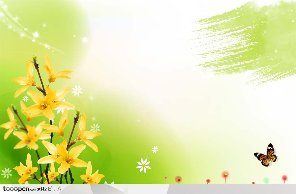 绿色水墨背景和黄色花卉植物飞舞的蝴蝶