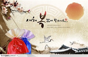 韩国风传统建筑和彩色锦囊水墨背景